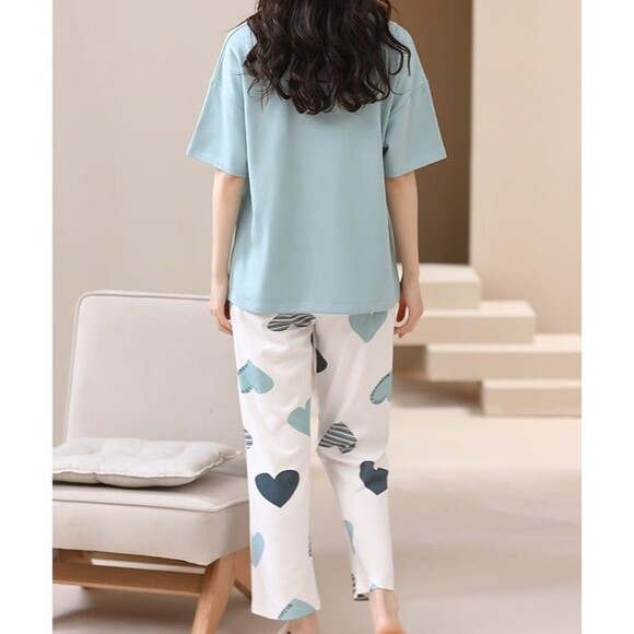 Cotton Women’s Pajama Set 2 Pcs Short Sleeve Pullover Top Sleepwear Long PJ Pant - Picture 6 of 10